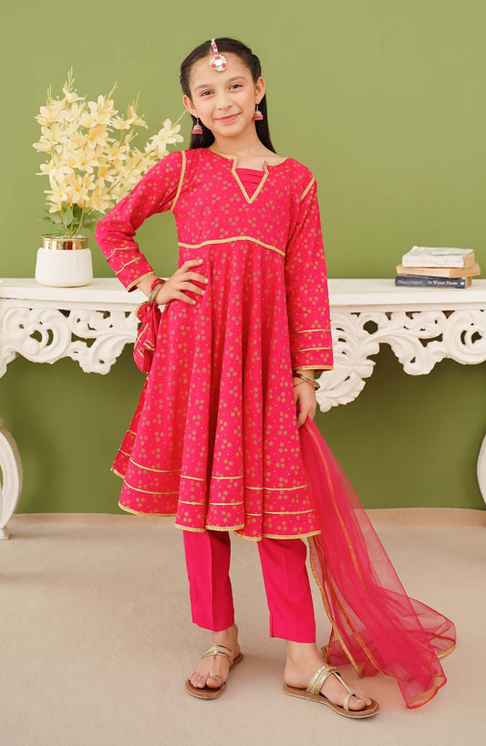 Modest Printed Linen Stitched 3 Piece Suit - 10150-HPnk - MOD25PRF - Pink - Festive Girls Collection
