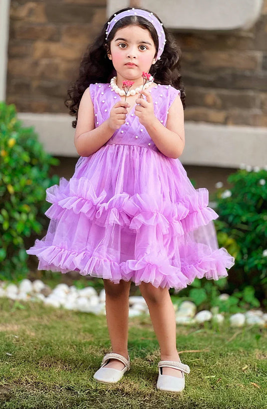 Modest Net Stitched Frock - 9690-LPur Lilac Pearl - MOD25PRF - Purple - Festive Girls Collection