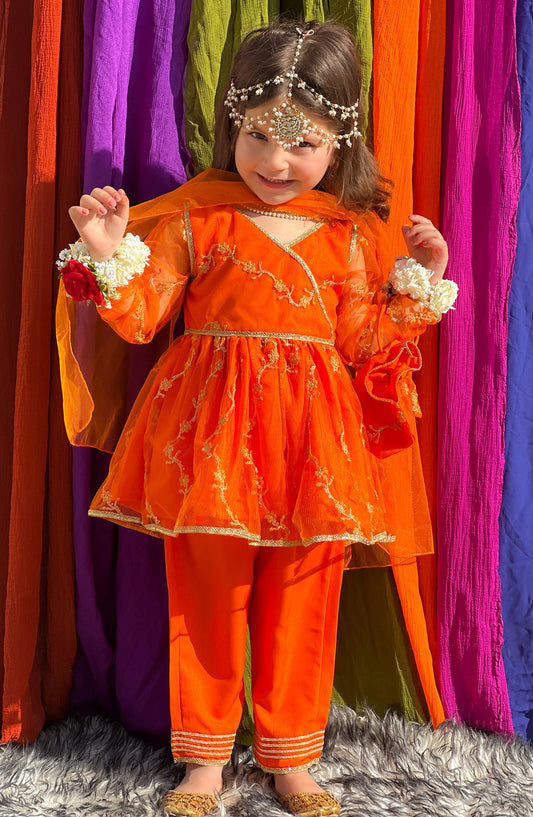 Modest Embroidered Net Stitched 3 Piece Suit - 10010-Org - MOD25PRF - Orange - Festive Girls Collection