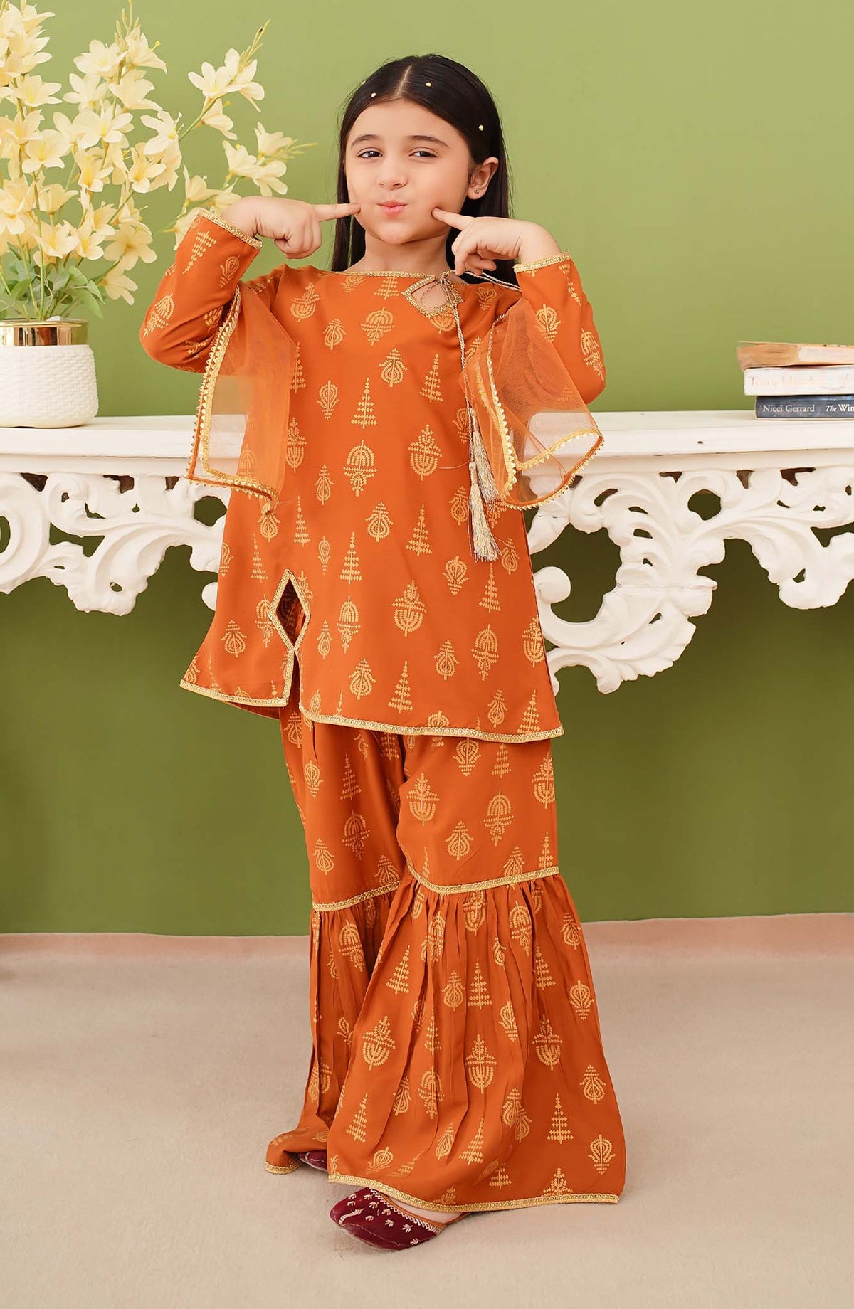 Modest Printed Linen Stitched 3 Piece Suit - 10170-Mst - MOD25PRF - Rust - Festive Girls Collection