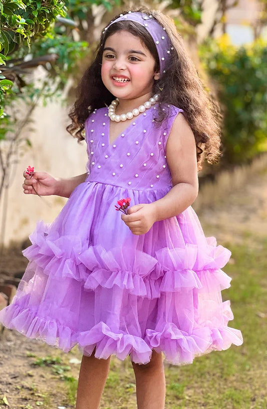 Modest Net Stitched Frock - 9690-LPur Lilac Pearl - MOD25PRF - Purple - Festive Girls Collection