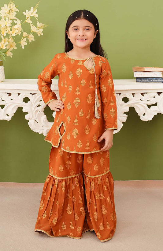 Modest Printed Linen Stitched 3 Piece Suit - 10170-Mst - MOD25PRF - Rust - Festive Girls Collection