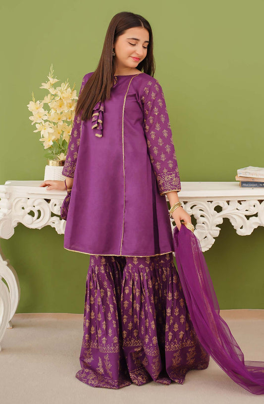 Modest Printed Cotton Stitched 3 Piece Suit - 9755-Prpl - MOD25PRF - Purple - Festive Girls Collection