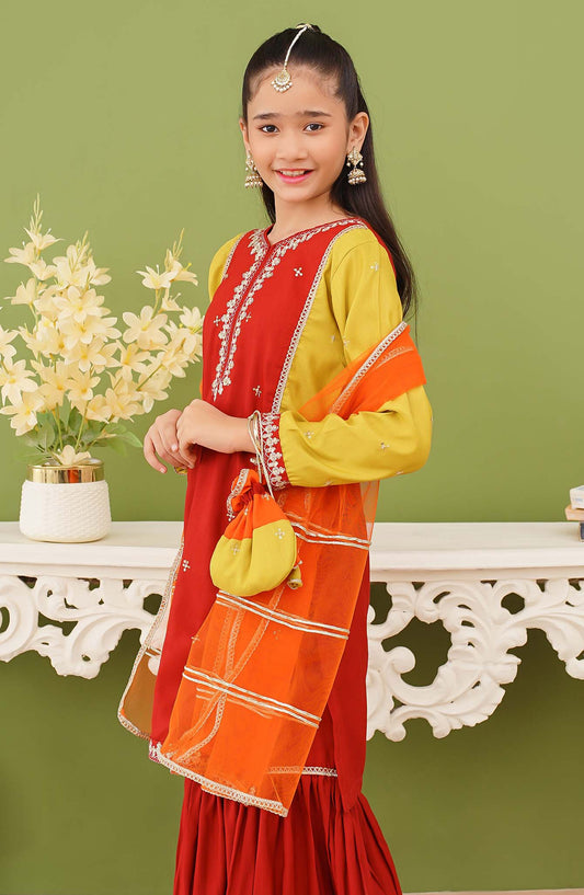 Modest Embroidered Raw Silk Stitched 3 Piece Suit - 9875-Mul - MOD25PRF - Multi - Festive Girls Collection