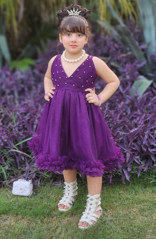 Modest Net Stitched Frock - 9680-Prpl Violet - MOD25PRF - Purple - Festive Girls Collection