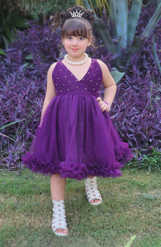 Modest Net Stitched Frock - 9680-Prpl Violet - MOD25PRF - Purple - Festive Girls Collection