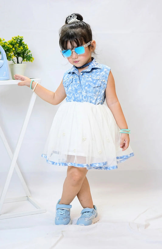 Modest Denim Stitched Frock - 9670-Wht Denim Pearl - MOD25PRF - White - Festive Girls Collection