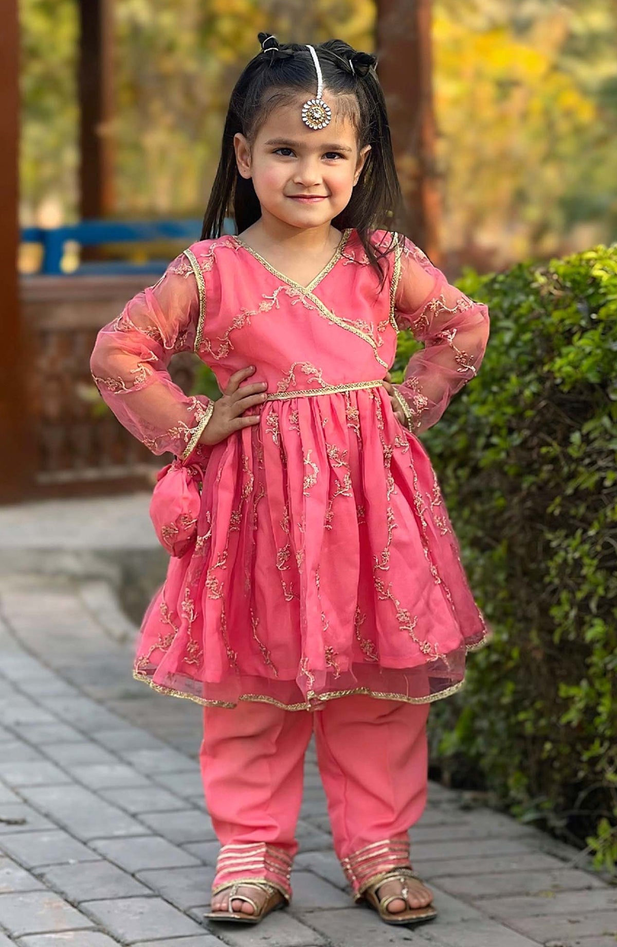 Modest Embroidered Net Stitched 3 Piece Suit - 10010-Pnk - MOD25PRF - Pink - Festive Girls Collection