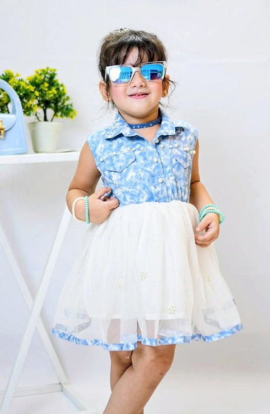 Modest Denim Stitched Frock - 9670-Wht Denim Pearl - MOD25PRF - White - Festive Girls Collection