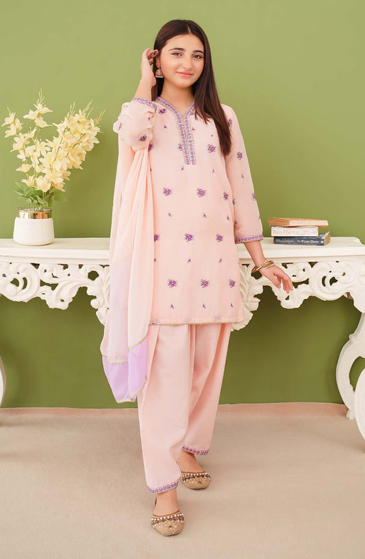 Modest Embroidered Chiffon Stitched 3 Piece Suit - 9825-Pch - MOD25PRF - Peach - Festive Girls Collection