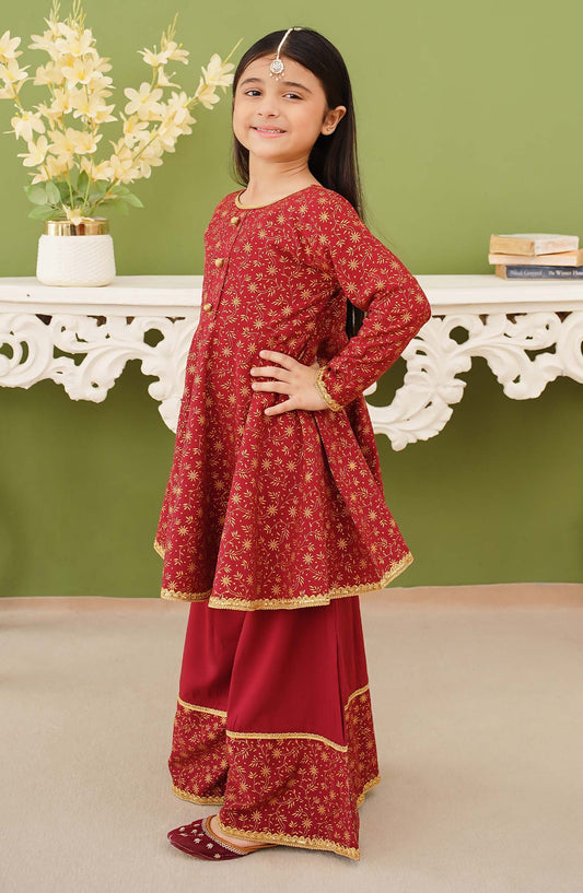 Modest Printed Linen Stitched 3 Piece Suit - 10140-Mar - MOD25PRF - Maroon - Festive Girls Collection
