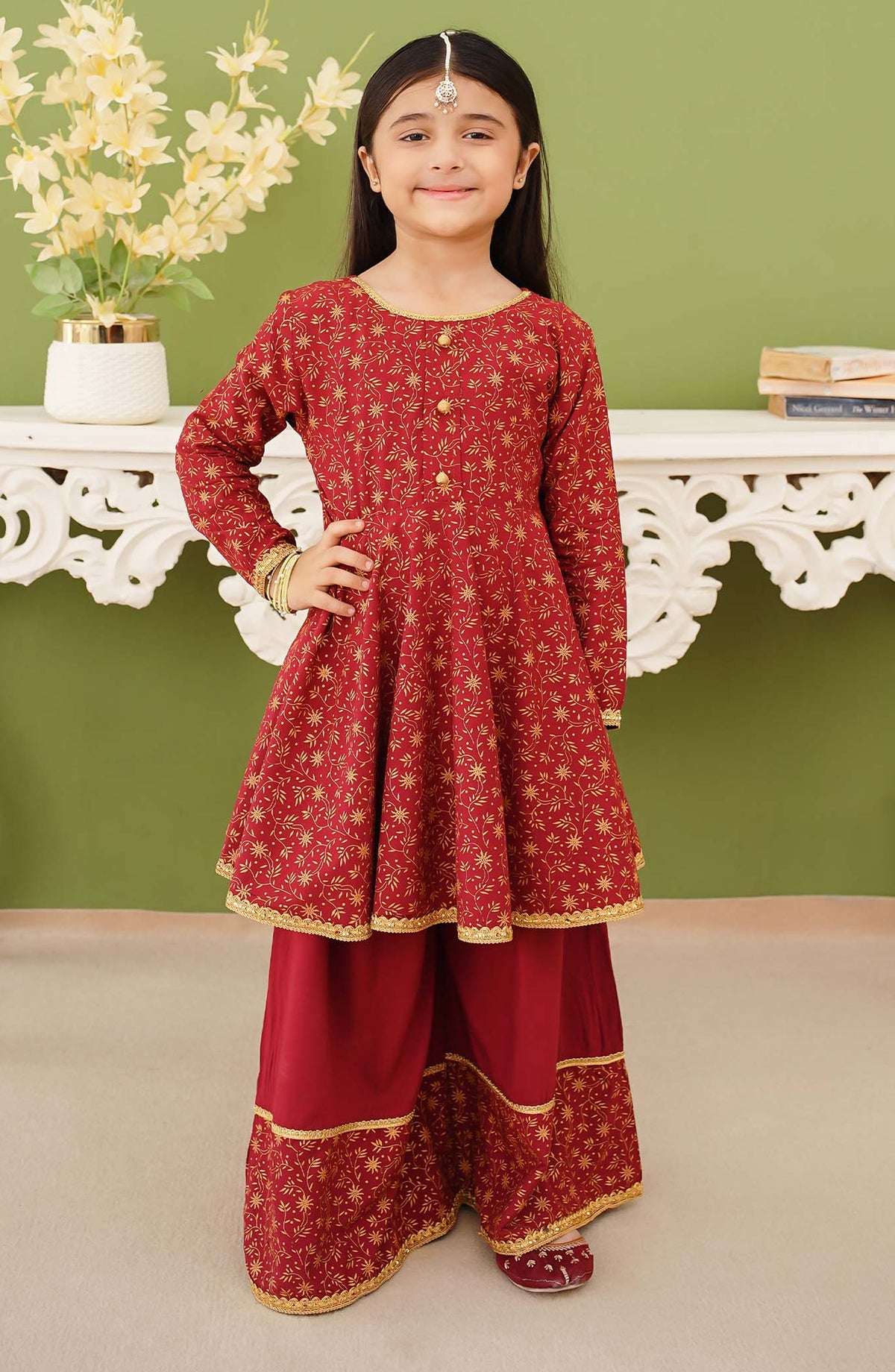 Modest Printed Linen Stitched 3 Piece Suit - 10140-Mar - MOD25PRF - Maroon - Festive Girls Collection