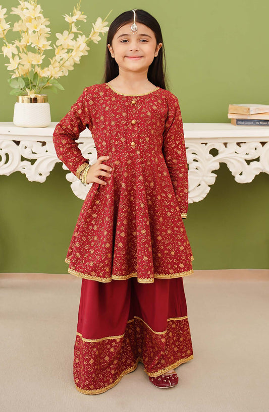 Modest Printed Linen Stitched 3 Piece Suit - 10140-Mar - MOD25PRF - Maroon - Festive Girls Collection