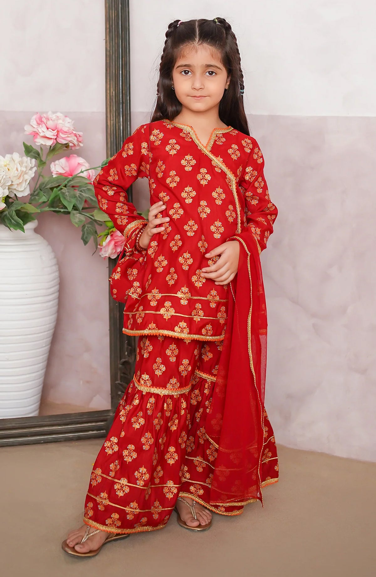 Modest Embroidered Raw Silk Stitched 3 Piece Suit - 10190-Red - MOD25PRF - Red - Festive Girls Collection