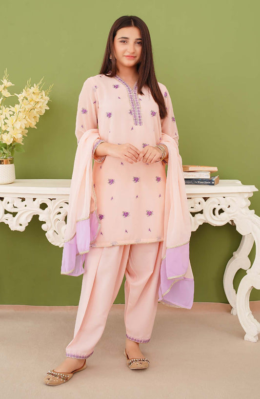 Modest Embroidered Chiffon Stitched 3 Piece Suit - 9825-Pch - MOD25PRF - Peach - Festive Girls Collection