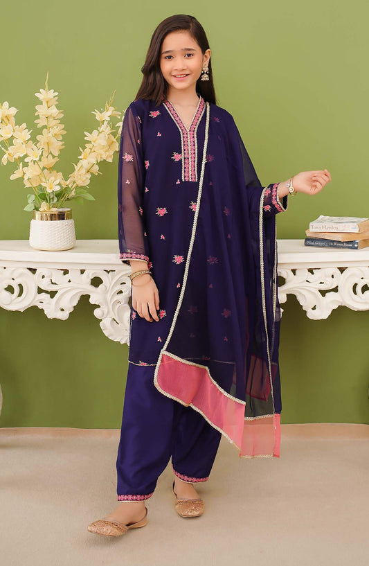 Modest Embroidered Chiffon Stitched 3 Piece Suit - 9825-Blu - MOD25PRF - Blue - Festive Girls Collection