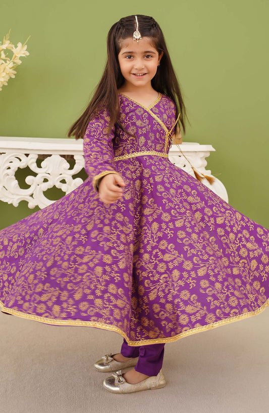 Modest Printed Linen Stitched 3 Piece Suit - 10160-Prpl - MOD25PRF - Purple - Festive Girls Collection