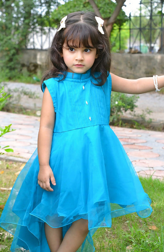 Modest Net Stitched Frock - 9580-Blu Frost - MOD25PRF - Blue - Festive Girls Collection