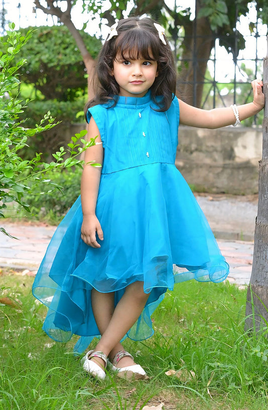 Modest Net Stitched Frock - 9580-Blu Frost - MOD25PRF - Blue - Festive Girls Collection