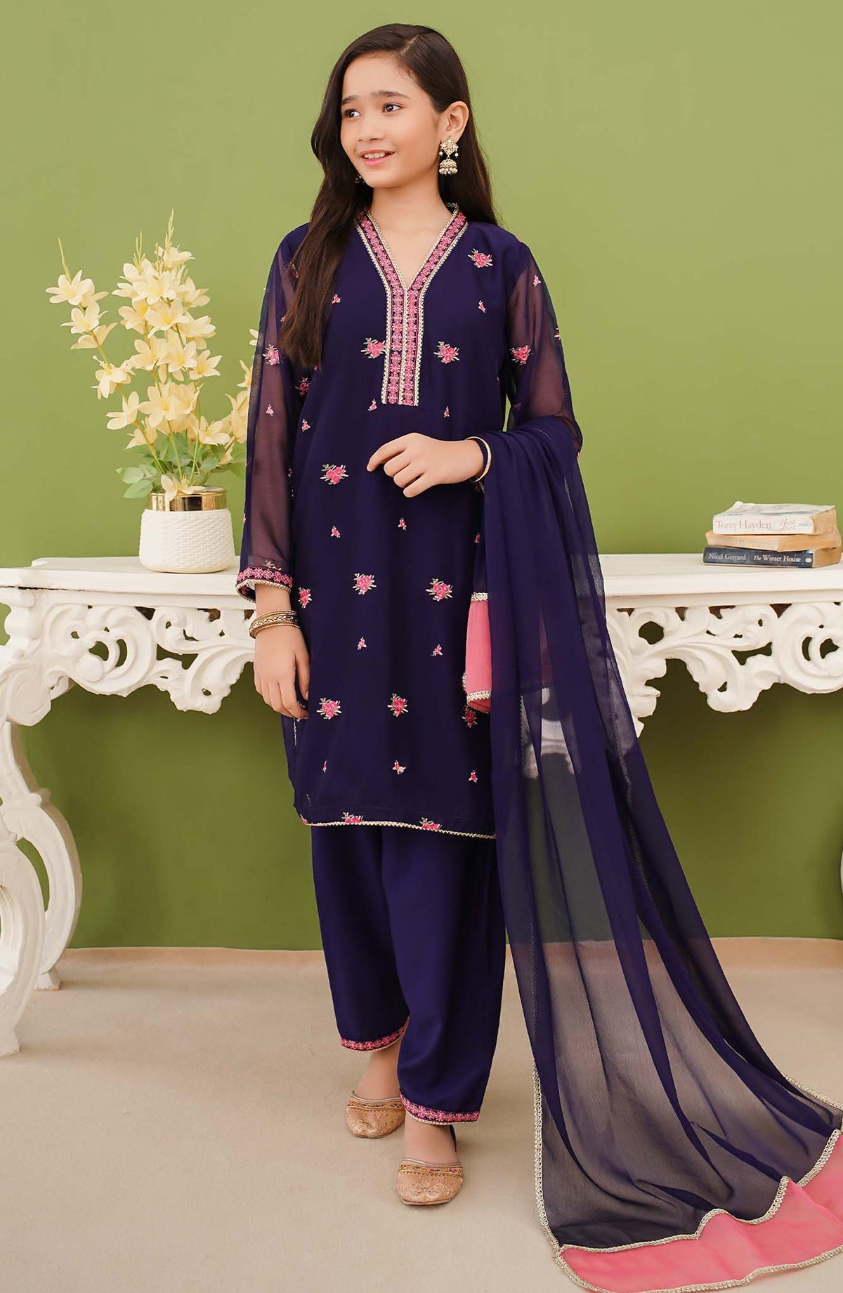 Modest Embroidered Chiffon Stitched 3 Piece Suit - 9825-Blu - MOD25PRF - Blue - Festive Girls Collection