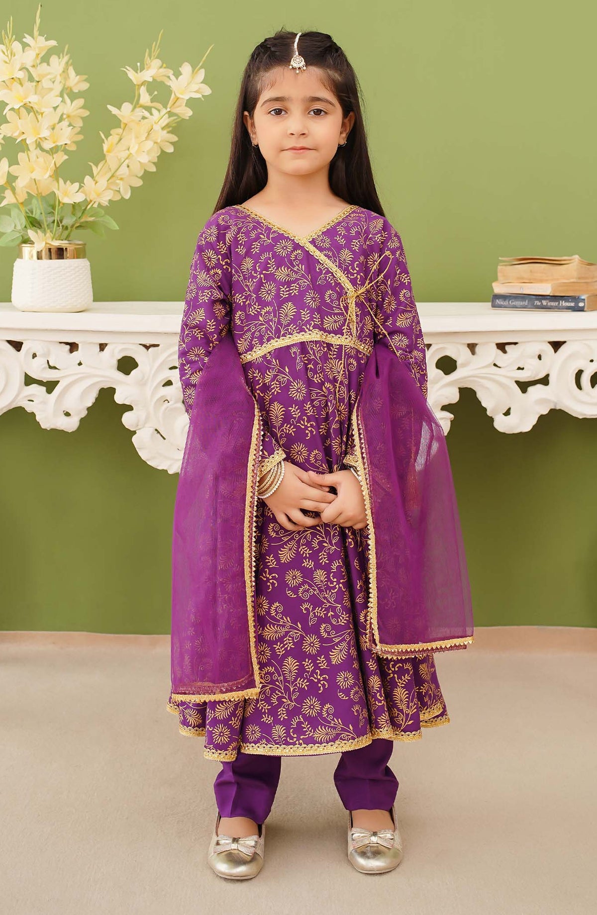 Modest Printed Linen Stitched 3 Piece Suit - 10160-Prpl - MOD25PRF - Purple - Festive Girls Collection