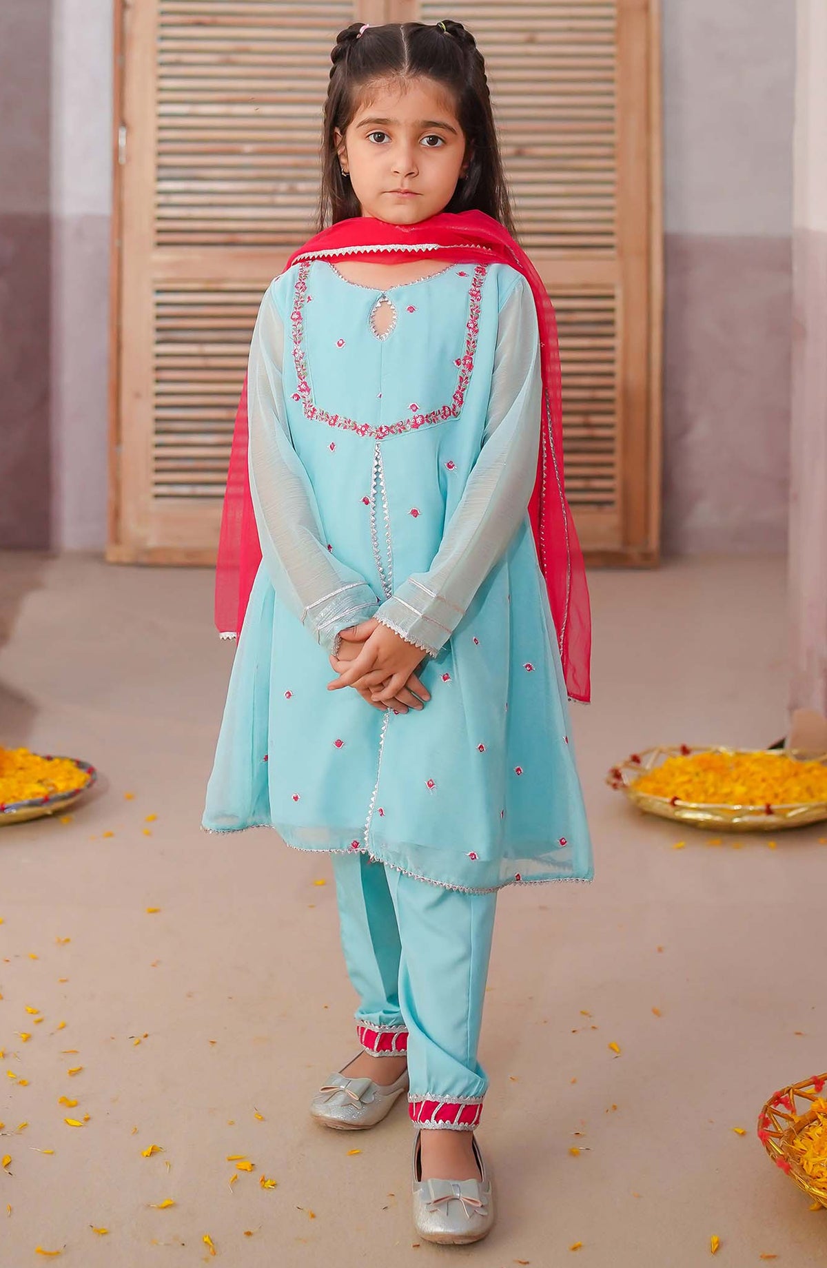 Modest Embroidered Chiffon Stitched 3 Piece Suit - 9840-Cblu - MOD25PRF - Blue - Festive Girls Collection