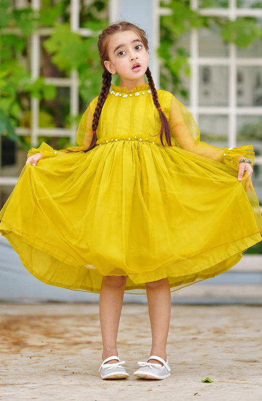 Modest Net Stitched Frock - 9570-Grn Olive - MOD25PRF - Olive - Festive Girls Collection