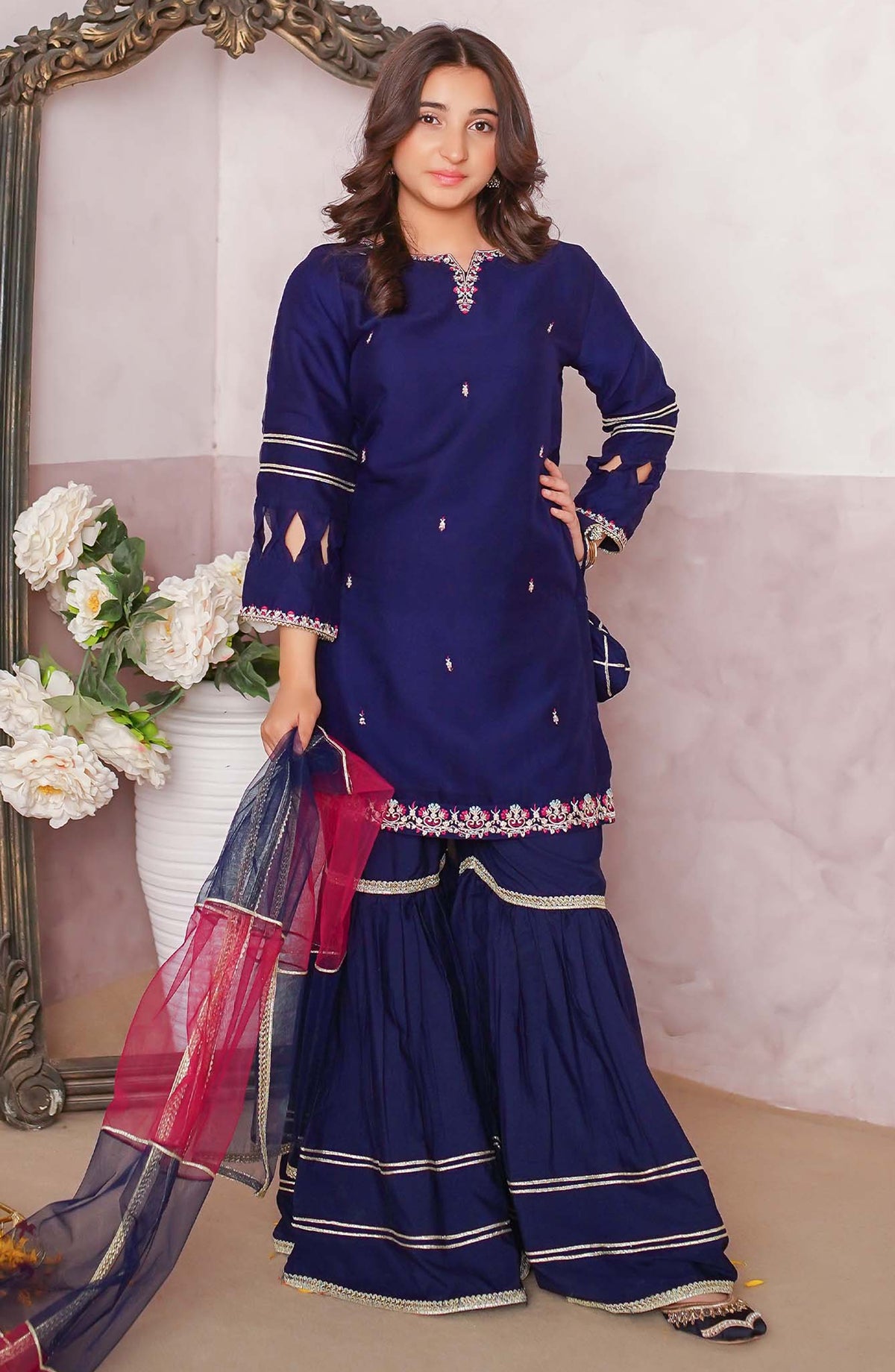 Modest Embroidered Chiffon Stitched 3 Piece Suit - 9615-Nblu - MOD25PRF - Blue - Festive Girls Collection