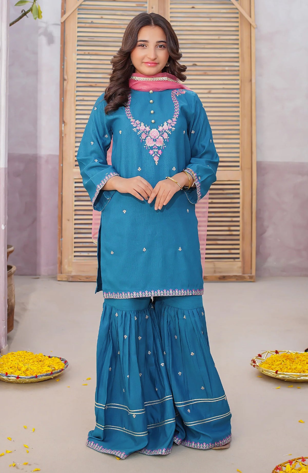 Modest Embroidered Raw Silk Stitched 3 Piece Suit - 10090-Grn - MOD25PRF - Green - Festive Girls Collection