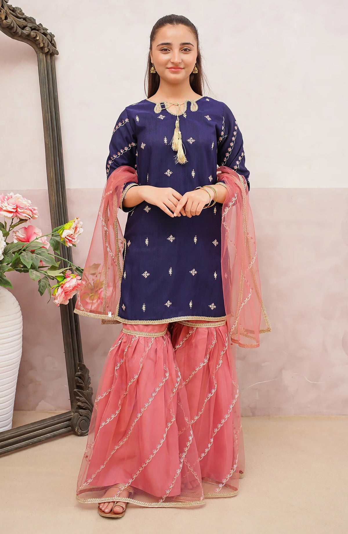 Modest Embroidered Raw Silk Stitched 3 Piece Suit - 9895-Blu - MOD25PRF - Blue - Festive Girls Collection