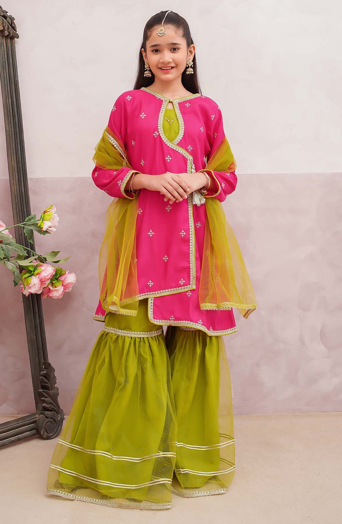 Modest Embroidered Raw Silk Stitched 3 Piece Suit - 9655-HPnk - MOD25PRF - Pink - Festive Girls Collection