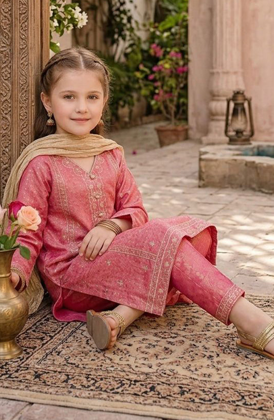 Girls 3 Piece Pink Maysuri Embroidered Dress - 10755-Pnk - MOD26MT - Festive Collection