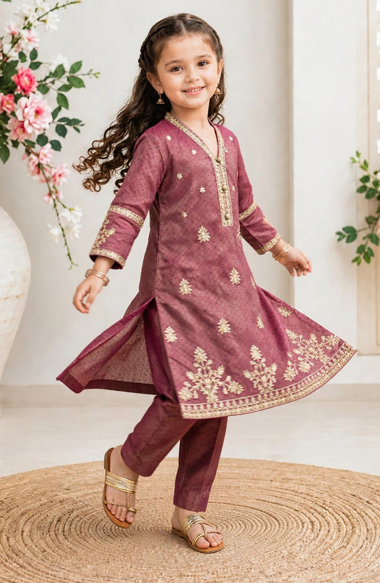 Girls 3 Piece Maroon Embroidered Maysuri Suit - 10745-Mar - MOD26MT - Festive Collection