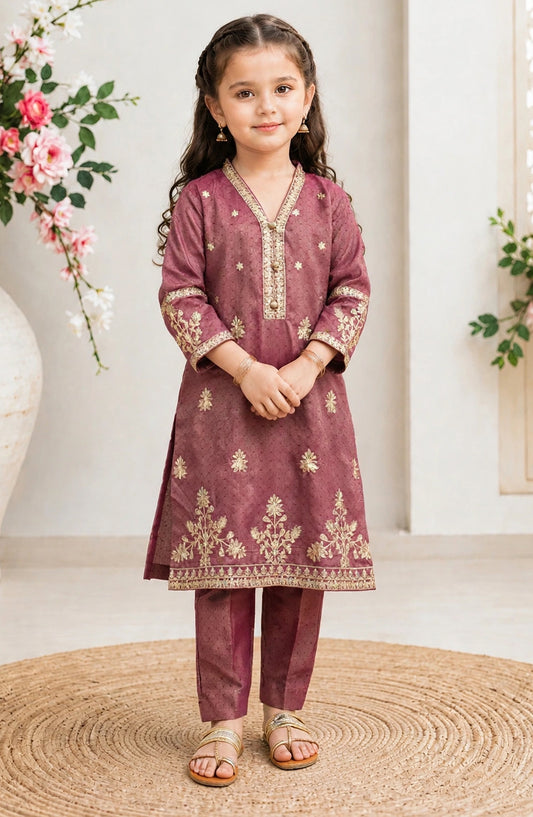 Girls 3 Piece Maroon Embroidered Maysuri Suit - 10745-Mar - MOD26MT - Festive Collection