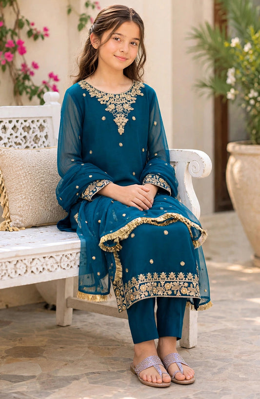 3 Piece Blue Embroidered Crinkle Suit 10675-Grn - MOD26MT - Festive Collection