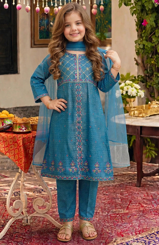 3 Piece Blue Embroidered Lawn Suit - 10725-Grn - MOD26MT - Festive Collection