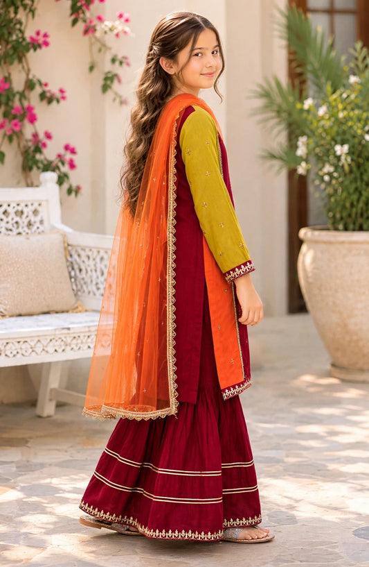 Modest Embroidered Raw Silk Stitched 3 Piece Suit - 9875-Mul - MOD25PRF - Multi - Festive Girls Collection