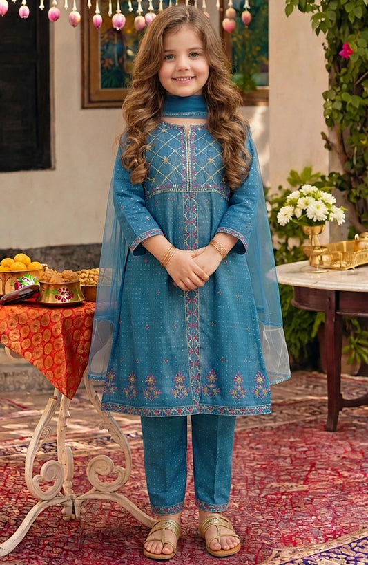 3 Piece Blue Embroidered Lawn Suit - 10725-Grn - MOD26MT - Festive Collection