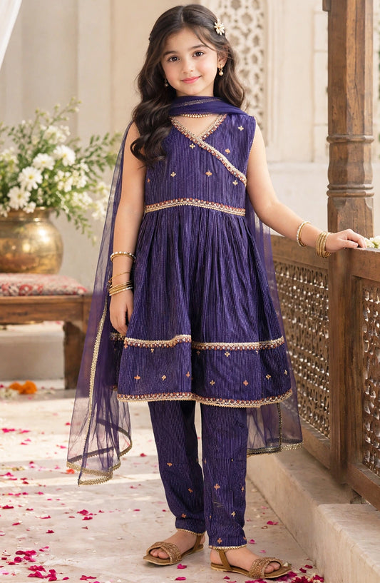 3 Piece Embroidered Navy Blue Cotton Lawn Frock - 10510-Nblu - MOD26MT - Festive Collection