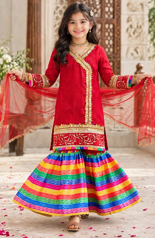 Modest Embroidered Raw Sillk Stitched 3 Piece   - Mah e Noor - Red - MD25F - Festive Collection