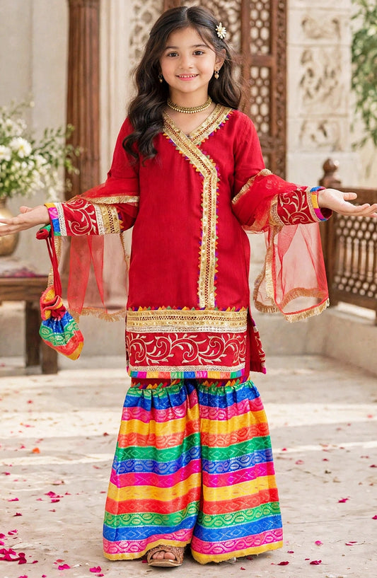 Modest Embroidered Raw Sillk Stitched 3 Piece   - Mah e Noor - Red - MD25F - Festive Collection