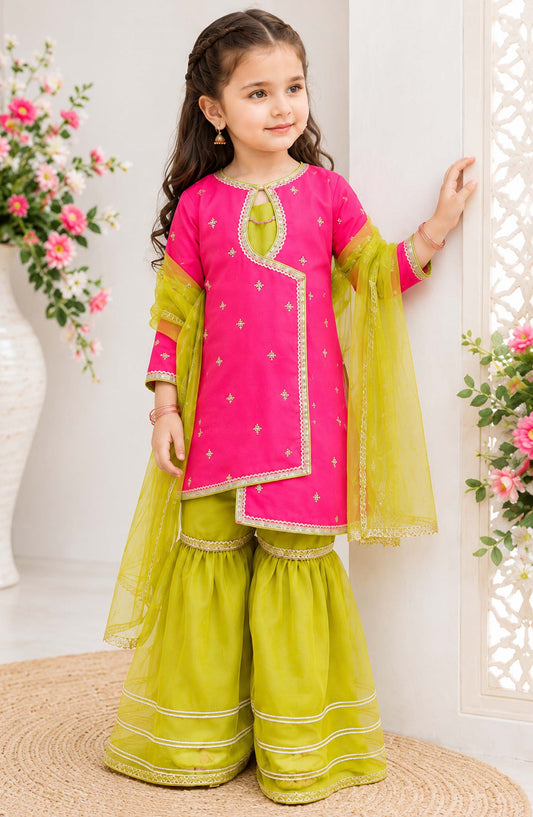 Modest Embroidered Raw Silk Stitched 3 Piece Suit - 9655-HPnk - MOD25PRF - Pink - Festive Girls Collection