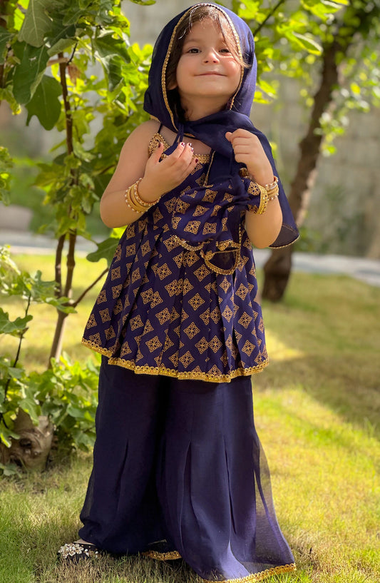 3 Piece Printed Rawsilk Blue Gharara - 11270-Blu - MOD26TWF - Festive Collection