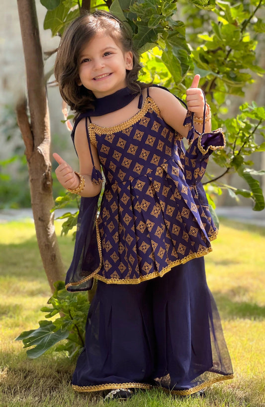 3 Piece Printed Rawsilk Blue Gharara - 11270-Blu - MOD26TWF - Festive Collection