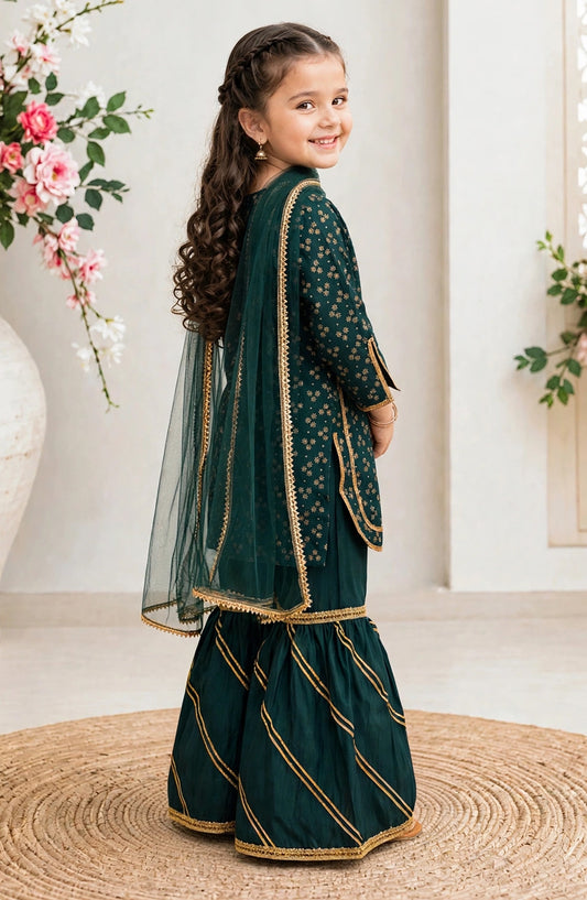 Modest Embroidered Raw Silk Stitched 3 Piece Suit - 10100-Grn - MOD25PRF - Green - Festive Girls Collection