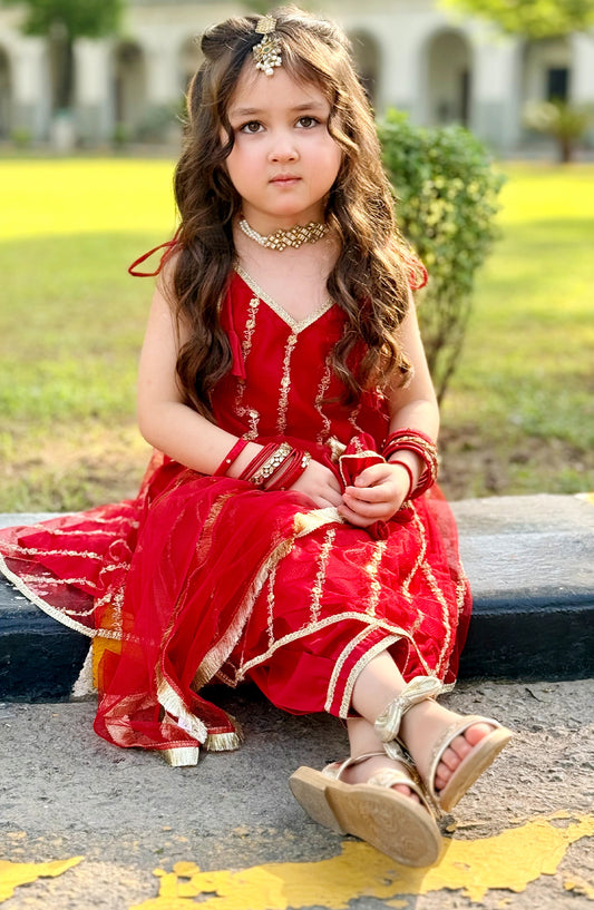 Modest Printed Net Stitched 3 Piece Suit - 9290-Red Gulabo - MOD25EKA - Red - Festive Girls Collection