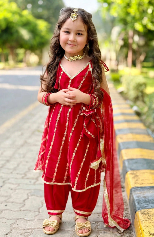 Modest Printed Net Stitched 3 Piece Suit - 9290-Red Gulabo - MOD25EKA - Red - Festive Girls Collection