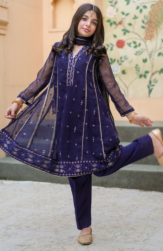3 Piece Blue Embroidered Crinkle Suit - 11115-Blu - MOD26FFC - Festive Collection