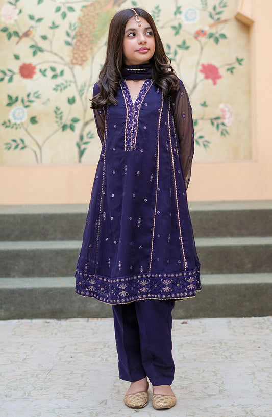3 Piece Blue Embroidered Crinkle Suit - 11115-Blu - MOD26FFC - Festive Collection