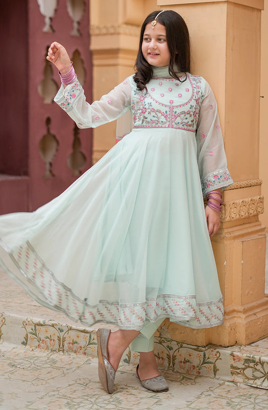3 Piece Blue Embroidered Crinkle Suit - 11105-Cblu - MOD26TWF - Festive Collection